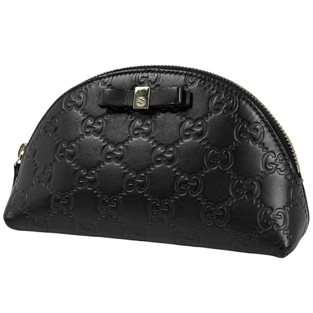 Gucci cosmetic Pouch Clutch Gucci Guccissima GG ribbon leather black
